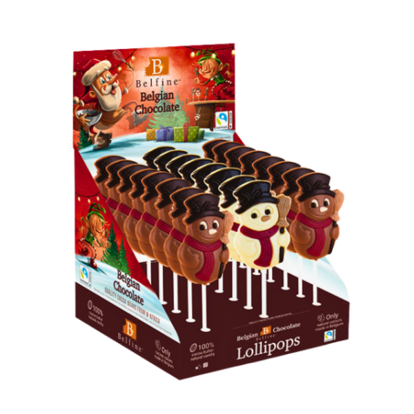 Sucette Bonhomme de Neige Frosty chocolat blanc ou lait 25g